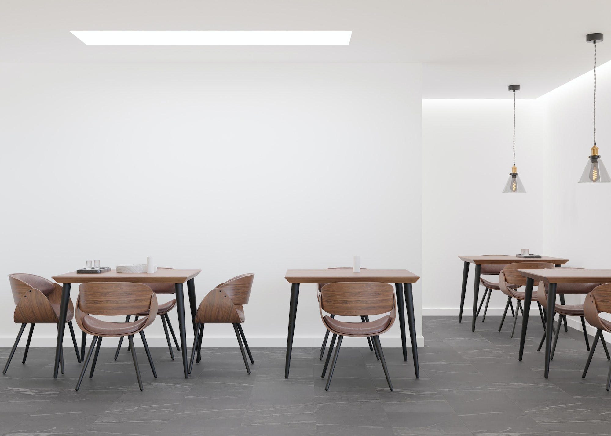 Empty white wall in modern cafe. Mock up restaurant interior in contemporary style. Free, copy space